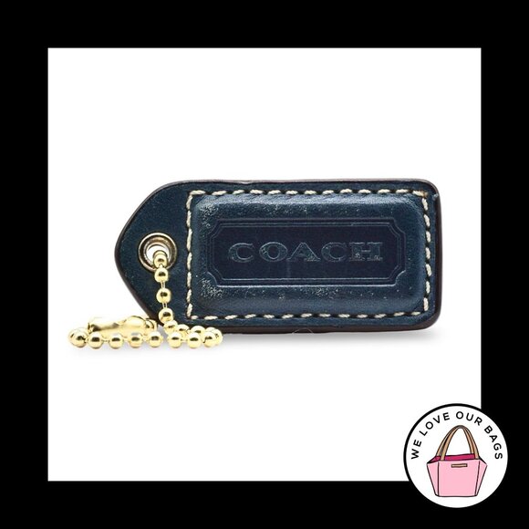 2" Y2K VINTAGE COACH Blue & Saddle Leather Brass Fob Bag Charm Keychain Hang Tag - Picture 1 of 2